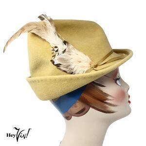 Vintage Mr John Hat 1960s Gold Felt Fedora Feather Plume Made in Italy - Hey Viv